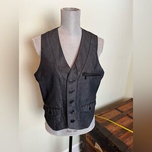 Rock & Republic Mens small Suit Vest - Black / Charoal Herringbone pattern EC